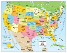 Colorful United States Wall Map showing Gulf ...