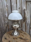 Antique Rayo Nickel Plated Oil Lamp With Nice Clear Chimney,Milkglass Shade,1895