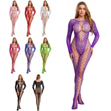 US Women Hollow Out Bodystocking Full Body Bodysuit Babydoll Crotchless Jumpsuit