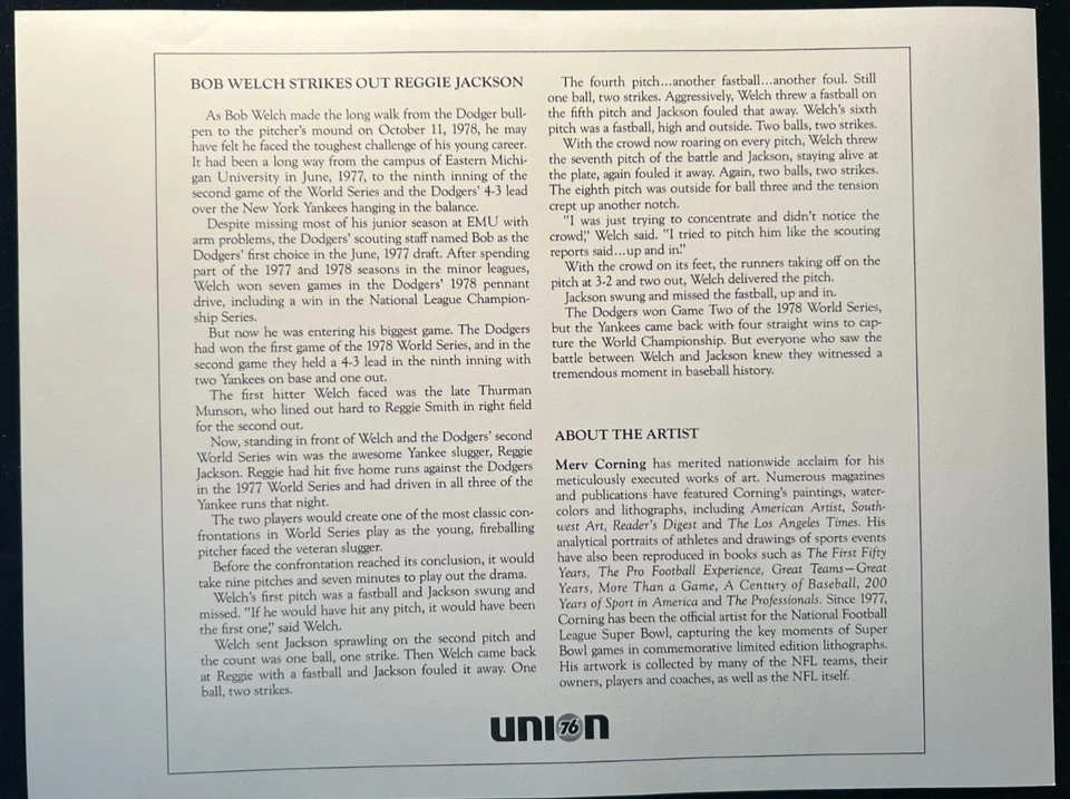 Bob Welch Strikes Out Reggie Jackson - Union 76 Print - Los Angeles Dodgers - Image 2 of 2