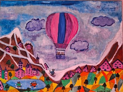 Original Oil Painting Lisa K 16x12 inch Hot Air Balloon Mountains Snow Skiing