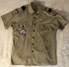 Boy Scouts of America BSA Men's Shirt Tan Large Sewn Patches Short Sleeve