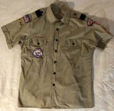 Boy Scouts of America BSA Men's Shirt Tan Large Sewn Patches Short Sleeve