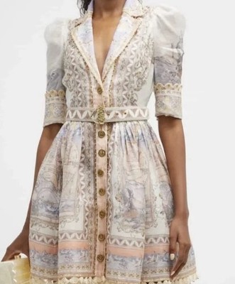 Zimmermann Beige Map Floral A-Line V-Neck Puff Sleeve Button Belted Sz AU 2