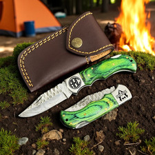 Handcrafted Damascus Folding Green Wood Handle Pocket Knife Personalized Gift
