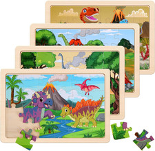 Wooden Puzzles Dinosaur Toys for Kids Ages 3-5, Set of 4 Packs with 20-Piece Woo