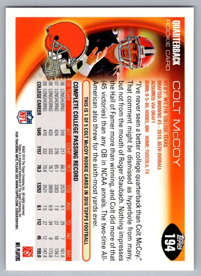 2010 Topps Colt McCoy Cleveland Browns #194 - Image 2 of 2