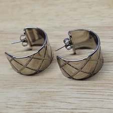 Vintage Silver Tone Cross Hatch Etched Half Hoop Trendy Glam Stud Earrings