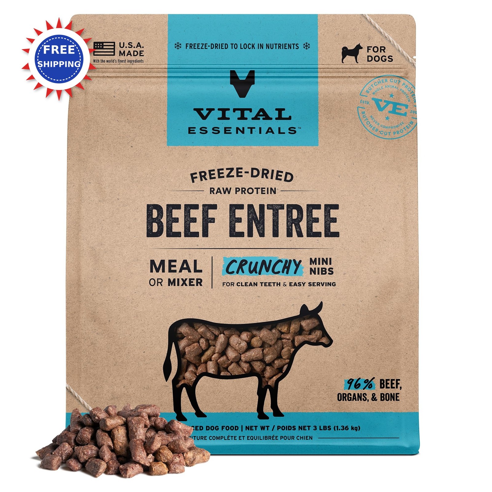 Freeze Dried Raw Beef Crunchy Mini Nibs 3 Lb Vital Essential