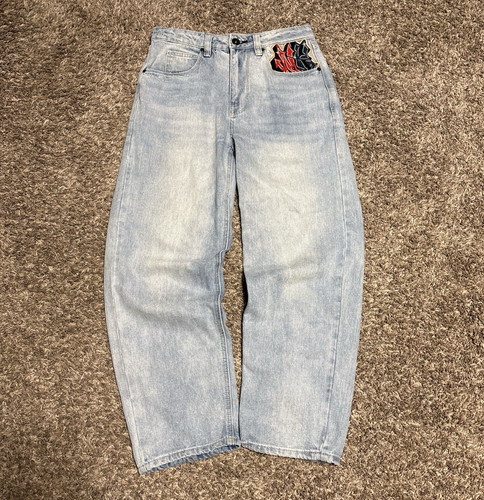 Ninth Ambush Men’s Light Wash Wide-Leg Relaxed Fit Embroidered Denim Jeans
