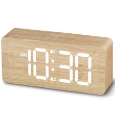 Wooden Digital Alarm Clock, Dimmable Dual Alarm with Large Numbers for Desk