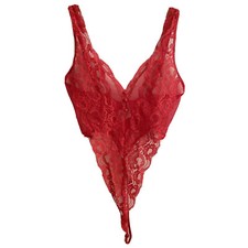 VTG Deadstock Victoria  s Secret VS Lingerie Red Lace Thong Swiss Dot Bodysuit S