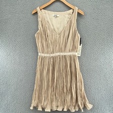 BB Dakota Dress Womens 4 Beige Mini Pleated Crinkle Fit & Flare Deep V Neck NWT