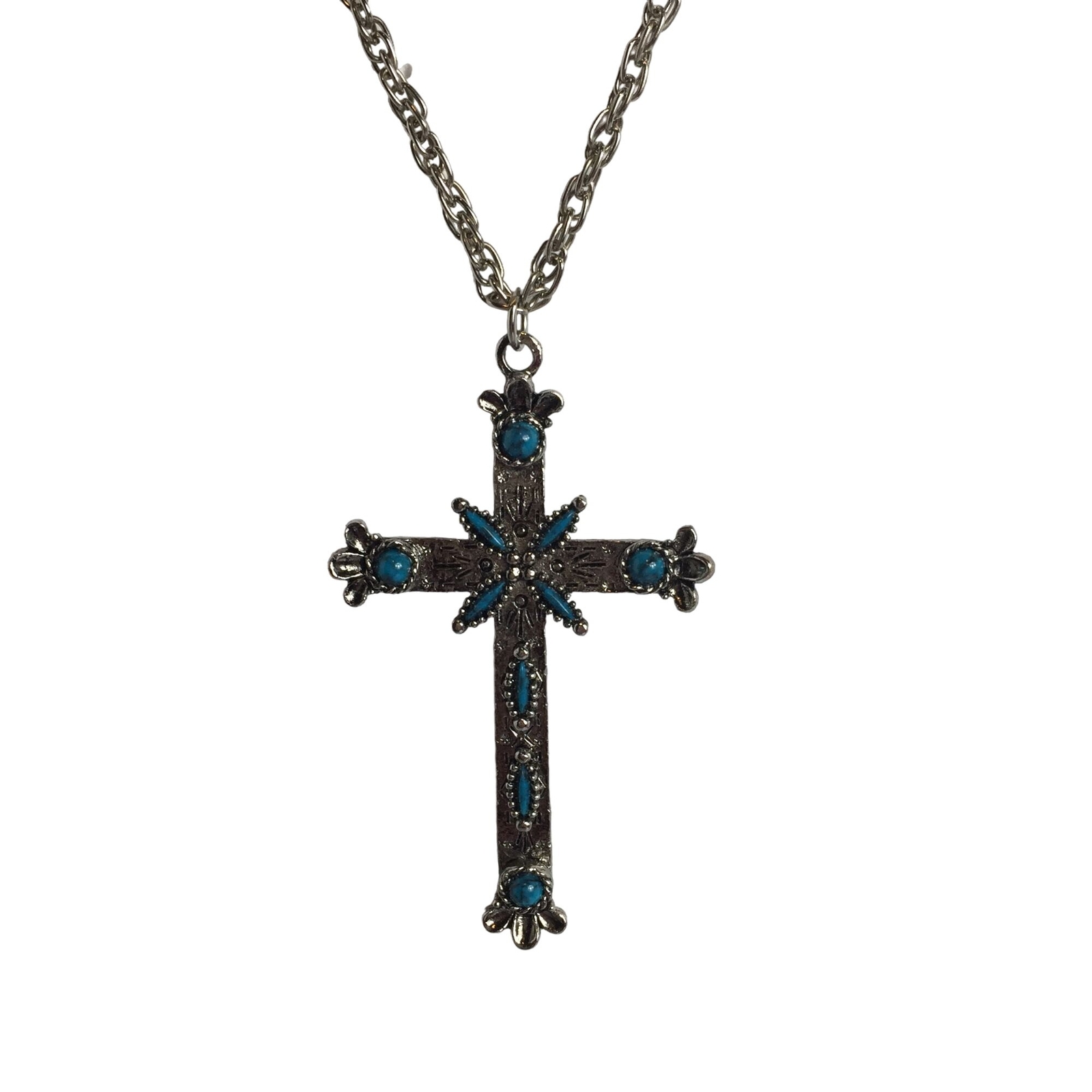Vintage Cross Pendant Necklace Faux Turquoise Christian Signed Royal