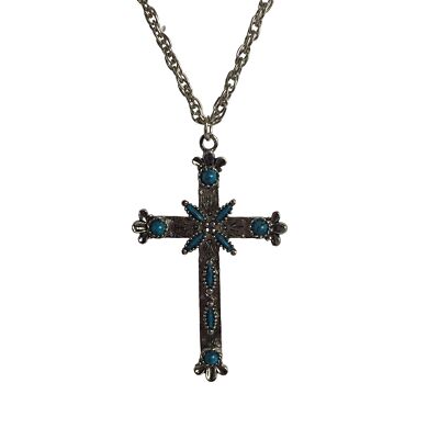 Vintage Cross Pendant Necklace Faux Turquoise Christian Signed