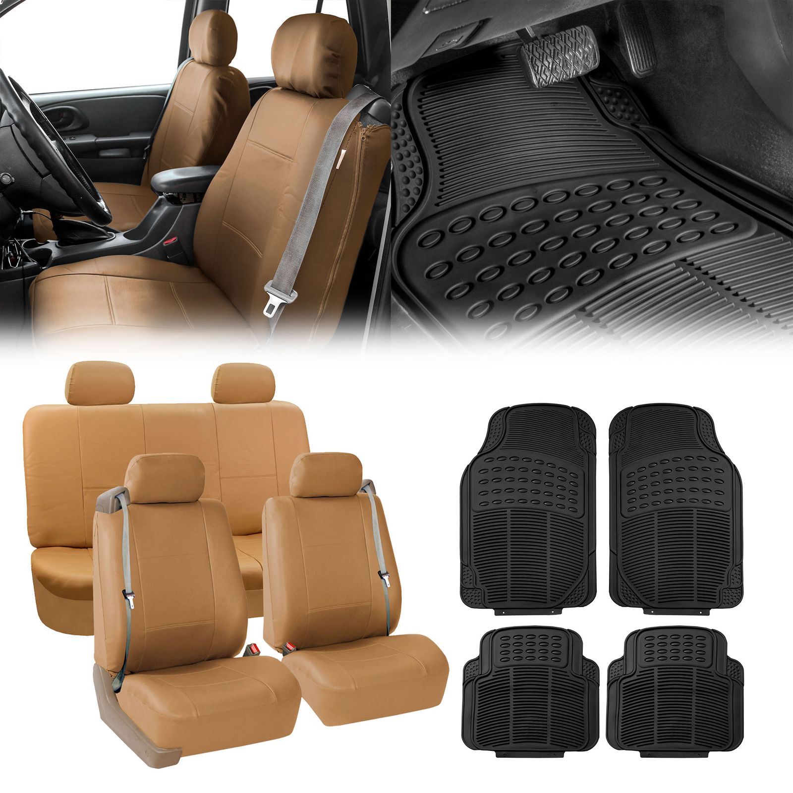PU Leather Tan Integrated Seatbelt Seat Covers w/Black Floor Mats