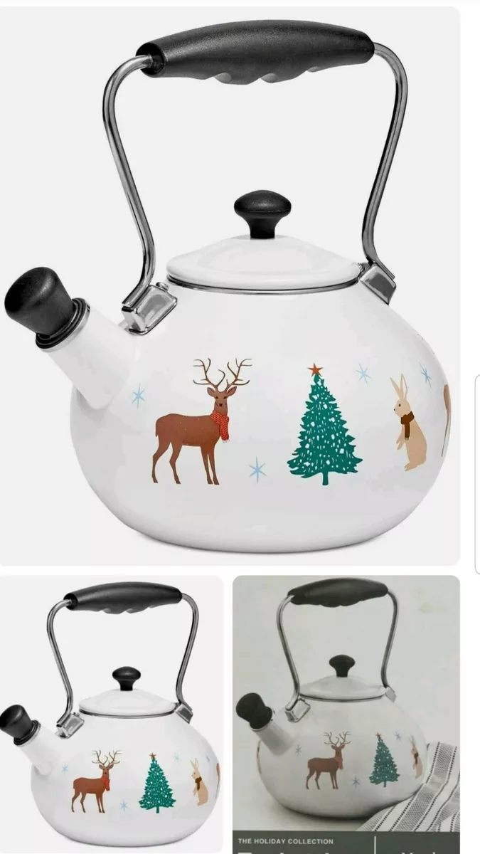 MARTHA STEWART THE COLLECTION 2 QT TEA KETTLE ENAMEL ON STEEL HOLIDAY WHITE