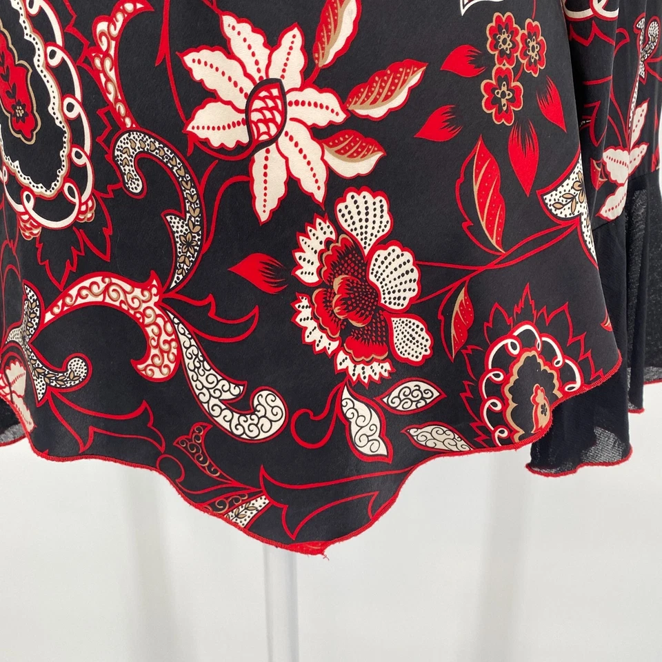 INC Blouse Sz 10 Red Black Abstract Floral Sheer 100% Silk Belt Tie Bell Sleeve - Image 4 of 4