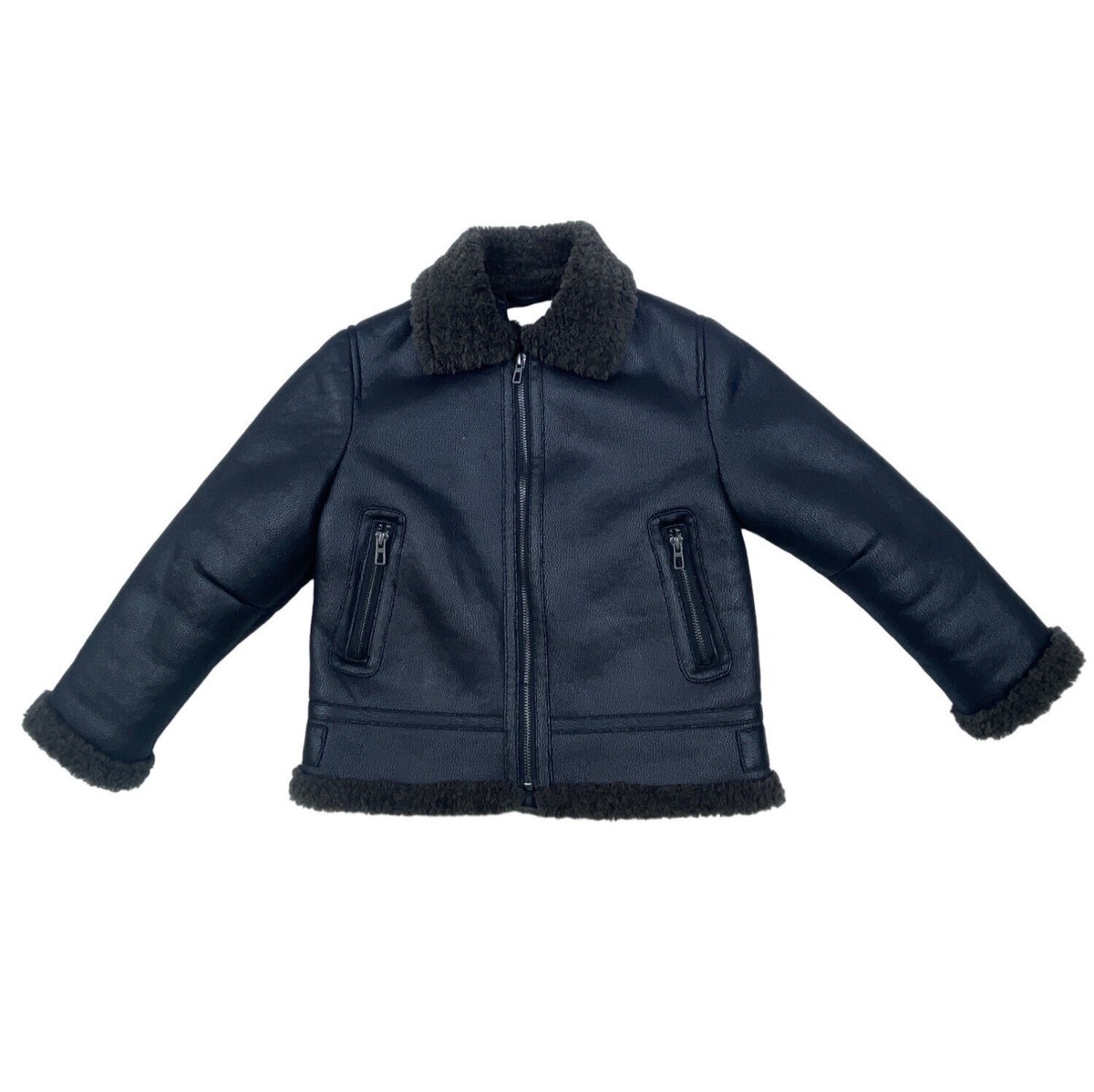 Zara Boys Black Shearling Collar Faux Leather Fleece Jacket With