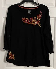 Westbound Womens Large Round Neck 3/4 Sleeve Black With Floral Embroidery Shirt