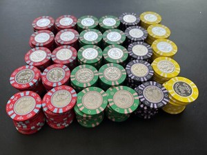 300 Real Casino Bud Jones Coin Inlay Poker Chips Set -w Rare $100 and $500 chip