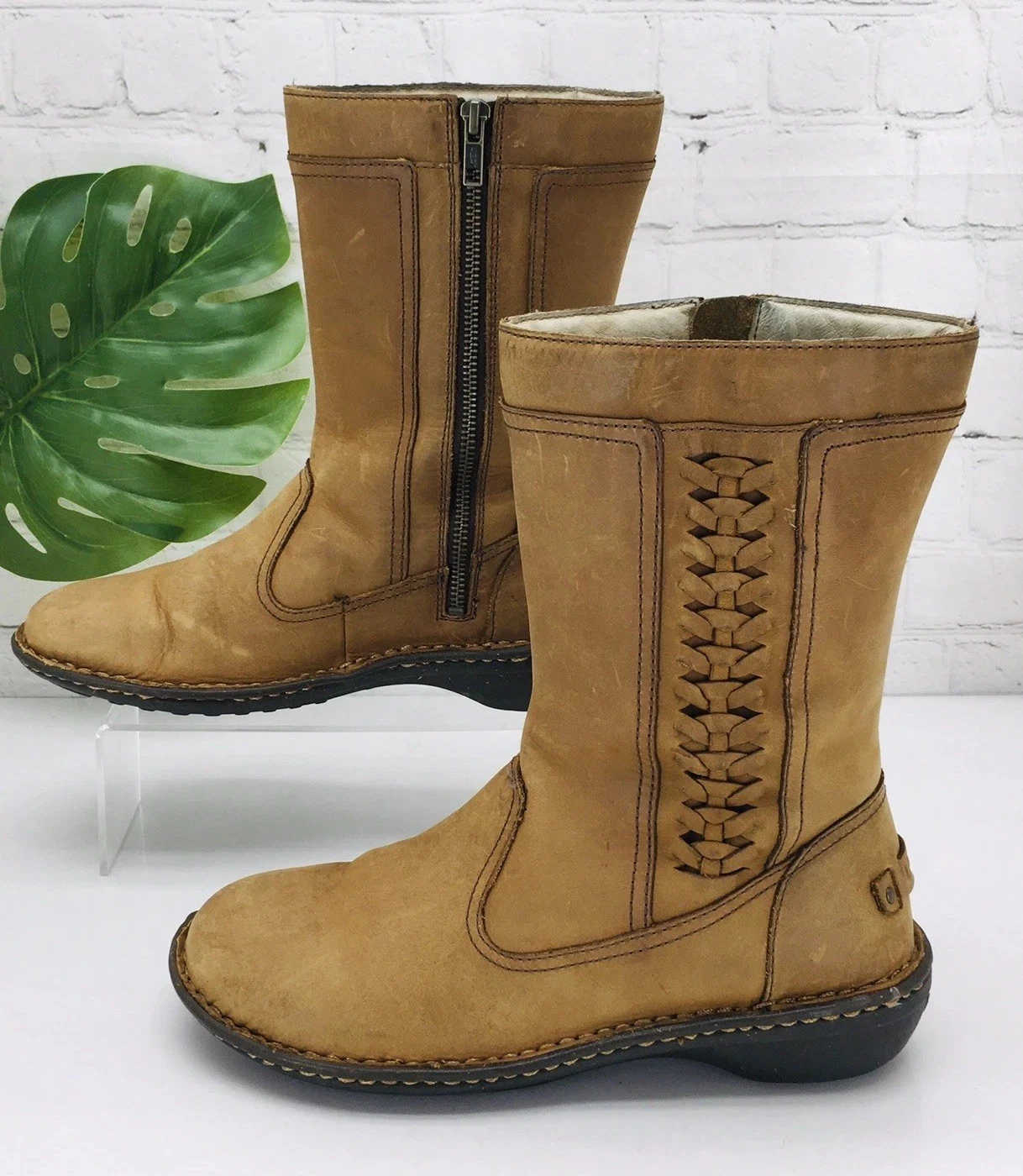 Ugg Kaleen Boots Women's Size 8 Brown Leather Sherpa Fur Lined Mid Calf Zip