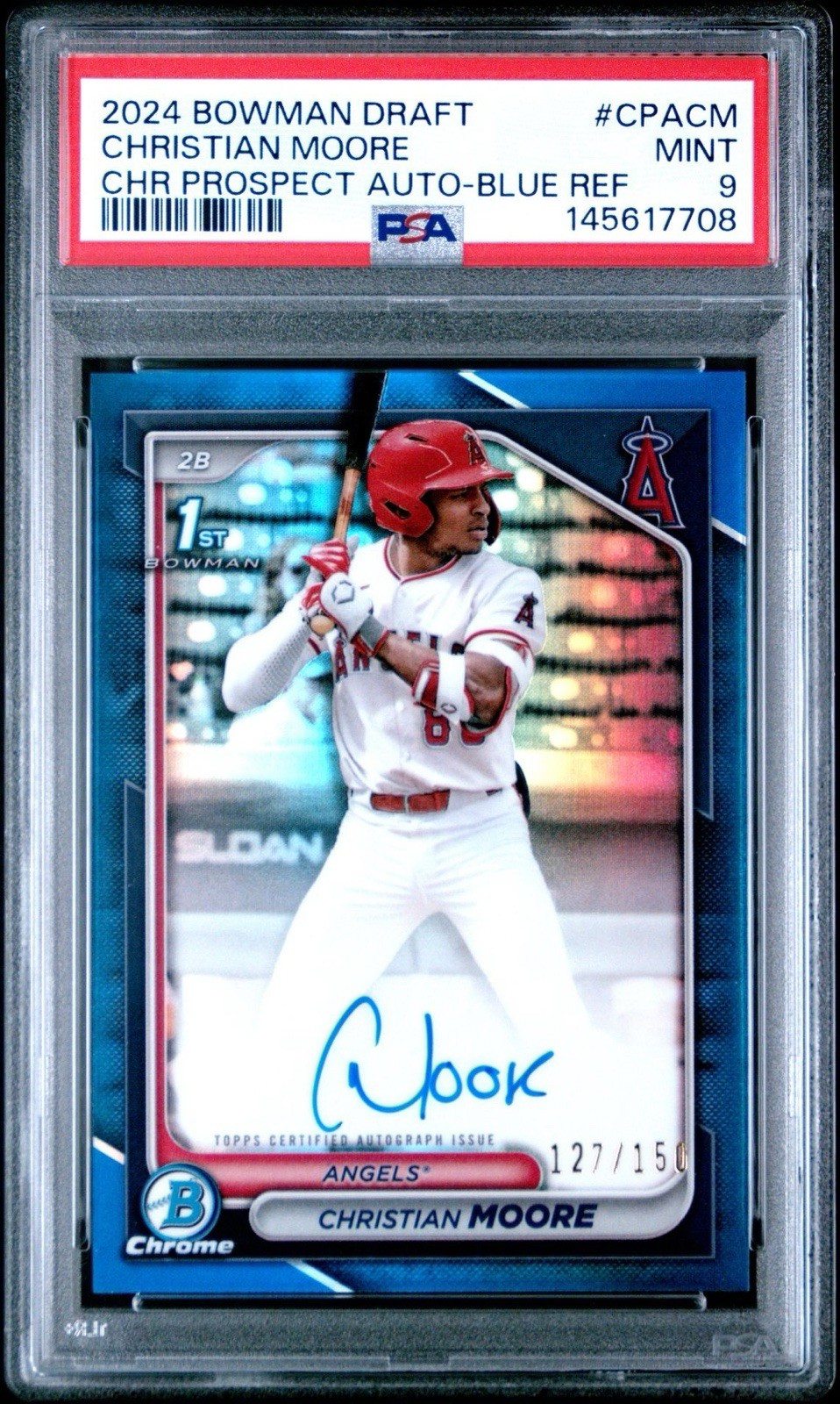 2024 Bowman Draft 1st Chrome Christian Moore True Blue Refractor Auto /150 PSA 9