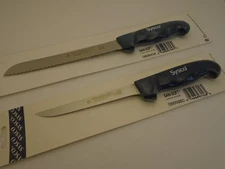 Sysco USA Knives Set (2) 8" Scalloped Bread & 6" Stiff Boning Soft Grip Blue