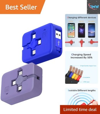 2 Pack 3-in-1 Retractable USB Charging Cable with Phone Stand - Blue & Purple