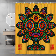 Colorful Floral Mask Shower Curtain Yellow Folk Art Design
