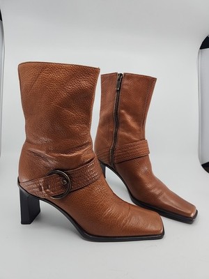 Anne Klein Size 6.5 Brown Harness Boots Square Toe Side Zip Boots