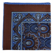 Brown  Blue Medallion Wool/Silk Pocket Square Hand-Rolled in England 