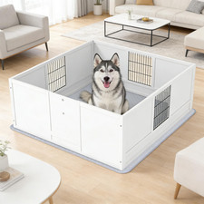 Large Dog Whelping Box w/ Removable Entry Panels, Washable Pee Pad, White Wooden
