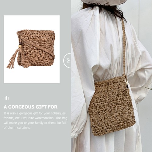 3 Pieces Messenger Bag Women's Vacation Beach Straw Tassel Hand-woven Crossbody - Picture 11 of 12