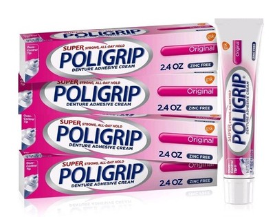 Super Poligrip Original Denture Adhesive Cream 4 Pack Zinc Free 2.4 Oz Tubes