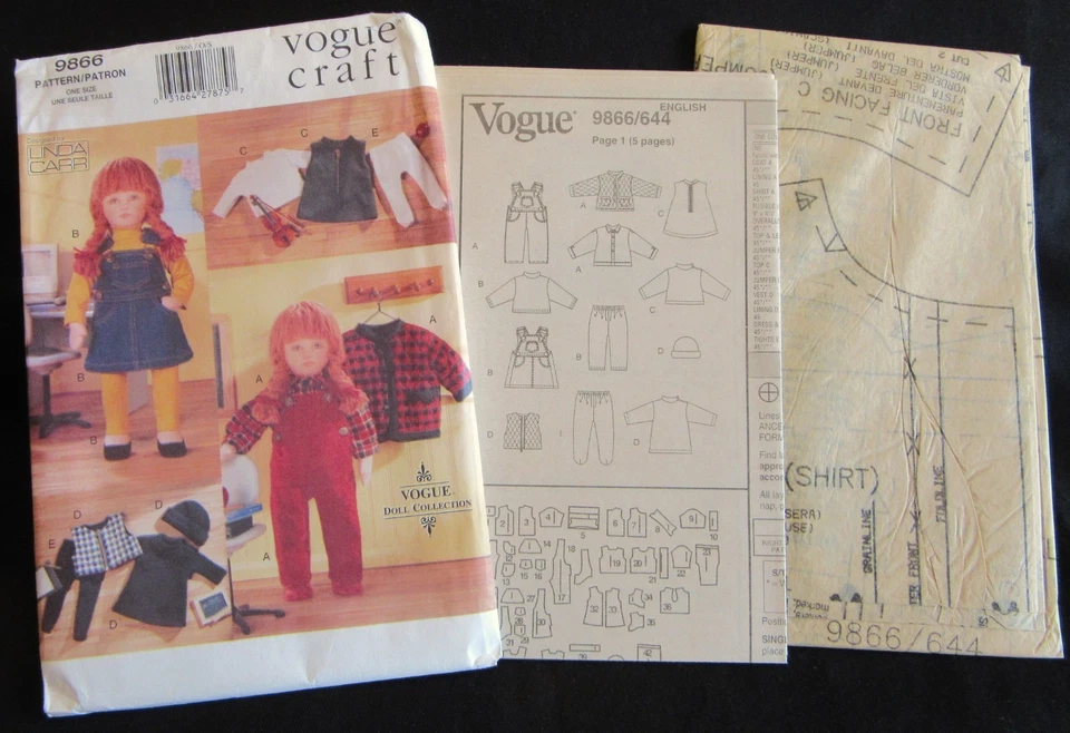 Vogue Craft Pattern 9866 Back to School Clothes for 18" Doll Jumper Coat UNCUT - Image 2 of 4