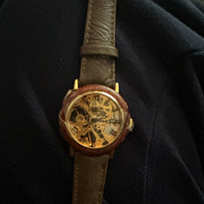 CITRON Automatic Skeleton Analogue Watch Gold Tone, Brown Leather Strap