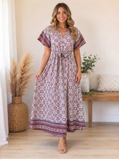 Flamingo Women’s Boho Wrap Maxi Dress Burgundy Floral V-Neck Tie Waist S