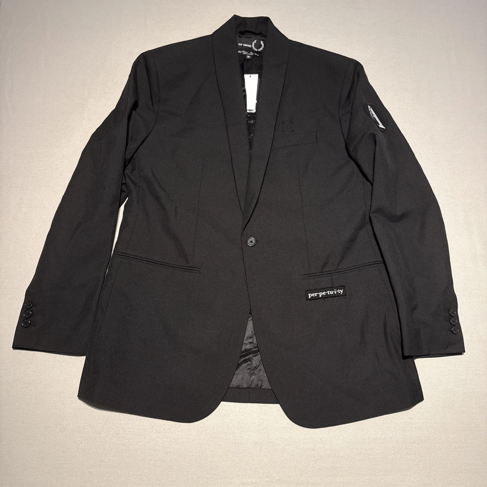 Fred Perry Raf Simons Blazer Mens Medium Black Shawl Collar Pathces Wool