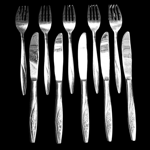 Vtg Rose Pattern Stainless Steel Flatware ~ Japan Dinner Set 5 Knives + 5 Forks - Picture 2 of 8