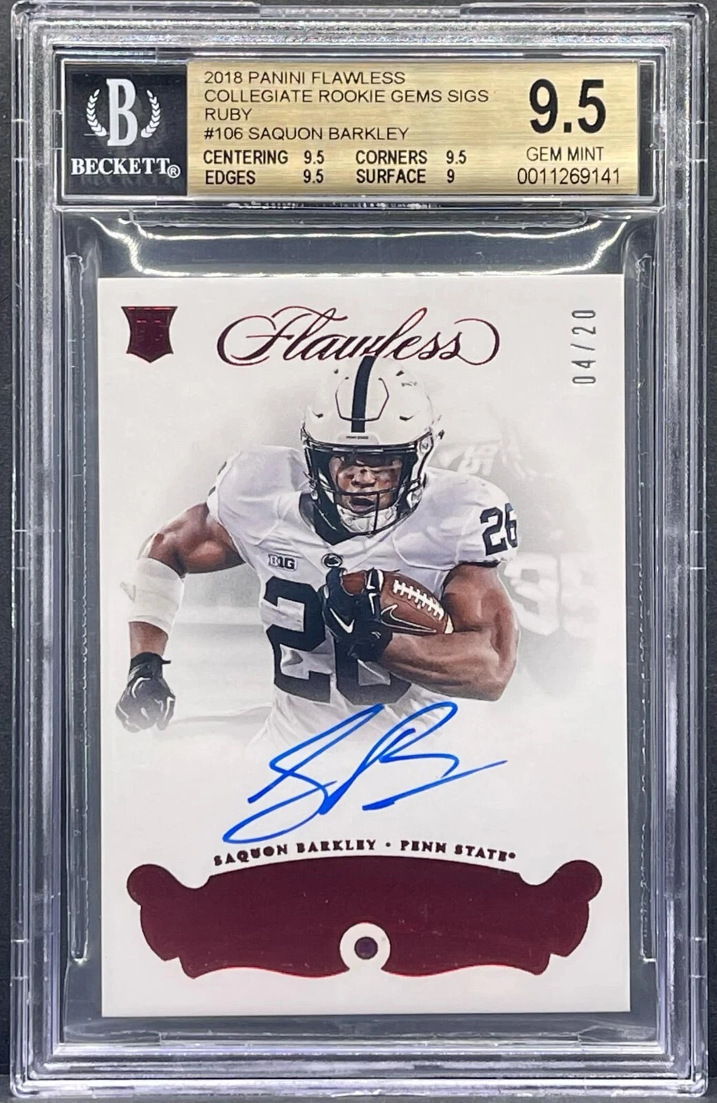 Saquon Barkley Panini Flawless Collegiate Rookie Team Slogan Signatures #106 Ruby