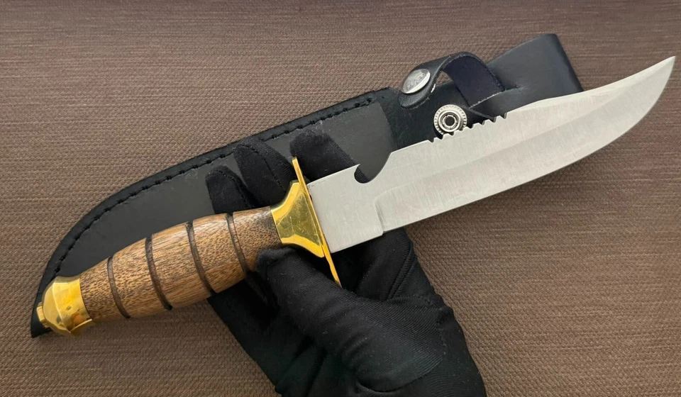 Cuchillo Daga De Colección Fijo Mango Madera Leopardo Funda Cuero Caza Francia Hombres Foto 3 de 4