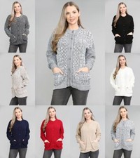 Ladies Cardigan Knitted Pocket Front Button Up Crew Neck Long Sleeve Sweater