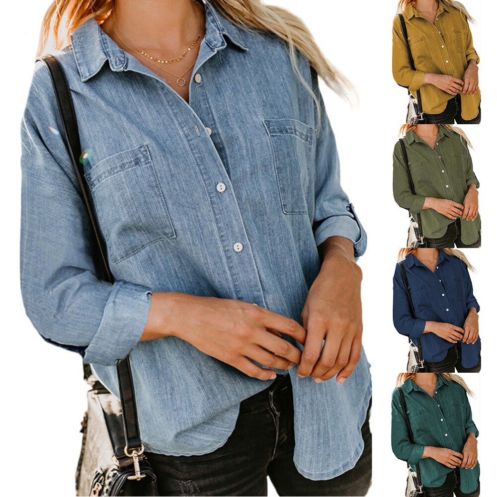 Donne Eleganti Abbottonate Camicie In Denim Da Donna Losen Langarm