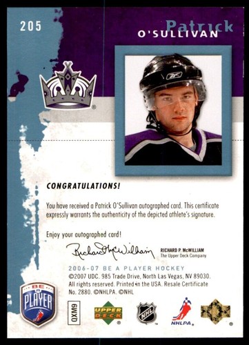 2007-08 Upper Deck Be A Player Patrick O'Sullivan Rookie Auto #205 - Picture 2 of 2