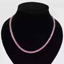 15CT Round Cut Lab Created Pink Sapphire Tennis Necklace 14K White Gold Plated
