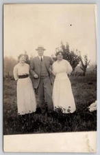 RPPC Two Lovely Ladies With Dapper Gentleman On Farm Real Photo Postcard W27