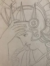 Very Beautiful Large Drawing Mine Lead Ink Helmet Soldier Italy 19th Century Portrait 1850