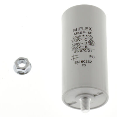 AnlaufKondensator MotorKondensator 20µF 450V 40x83mm Stecker M8 Miflex, 20uF