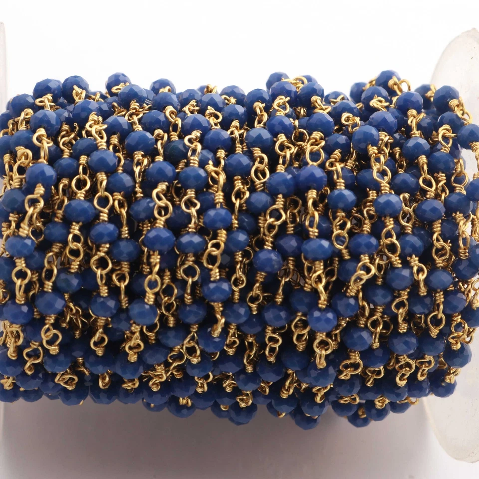 Cuentas de vidrio azul de 5 pies cadena con cuentas de rosario facetado de 3 mm - alambre chapado en oro de 24 K Foto 4 de 4